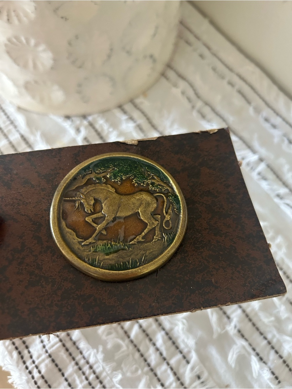 Vintage 1976 Brass Unicorn Belt Buckle 2.5” Round Hand Painted Enamel